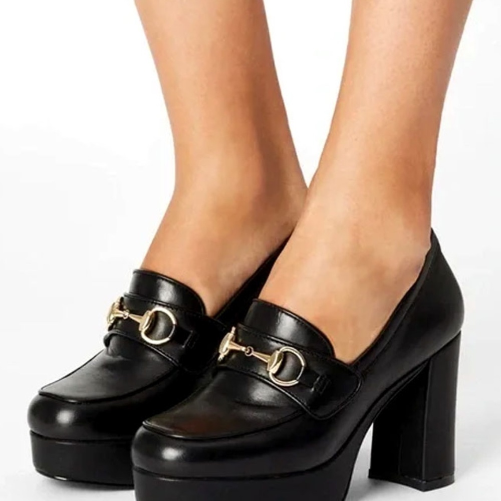 Steve Madden - "Cinderella" Platform Loafers - Size 6, Black with Gold Hardware